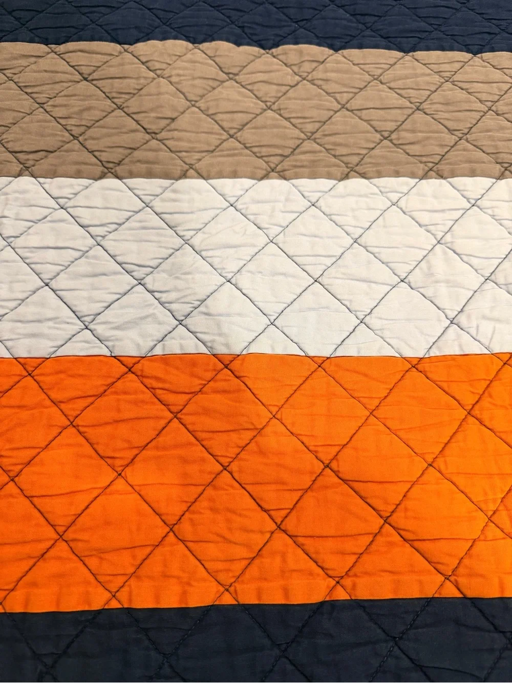 Pottery Barn Kids Striped Quilted Bedspread in Orange, Navy, and Grey